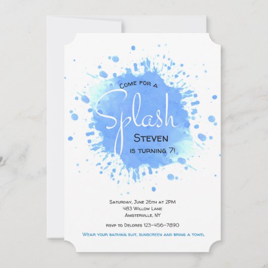 Blue Splash-uitnodiging Kaart (Voorkant)