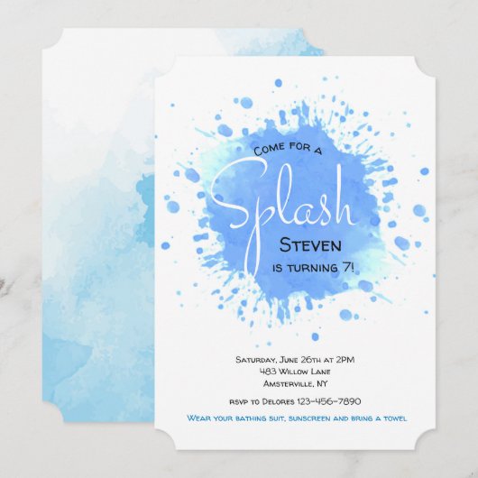 Blue Splash-uitnodiging Kaart (Voorkant / Achterkant)