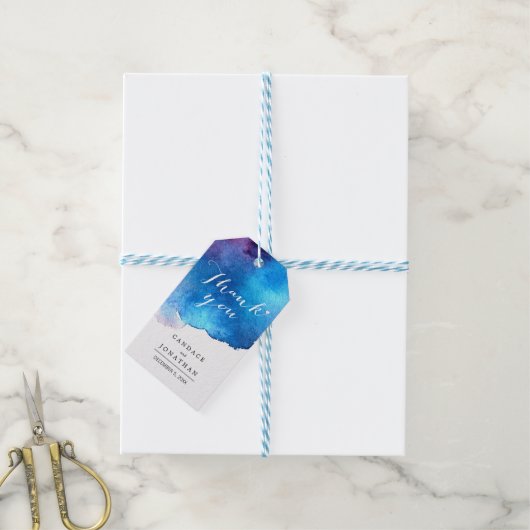 Blue Splash Waterverf Bruiloft Cadeaulabel (Met Touw)