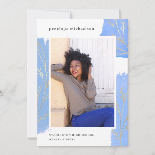 Blue Splashes Botanische Foto Afstudeerfeest Kaart (Voorkant)