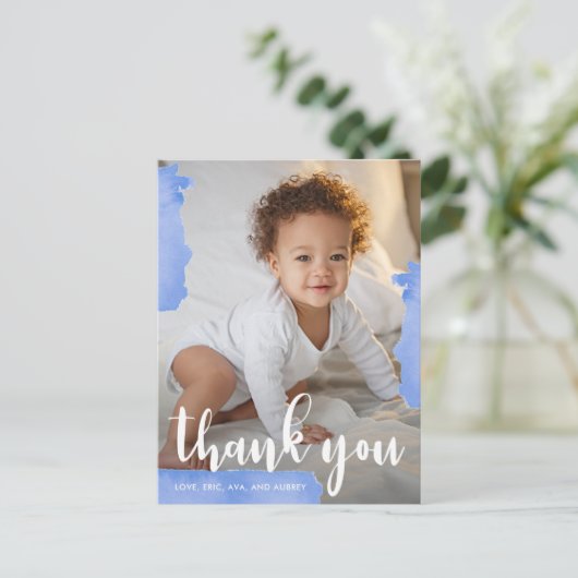 Blue Splashes Verjaardagsfeest Dank u volledige fo Briefkaart (Staand voorkant)