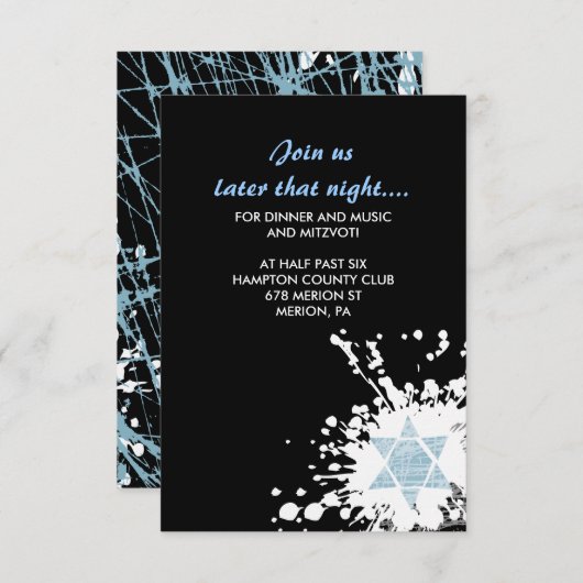 Blue Splatter Star Bat Mitzvah Reception Card Informatiekaartje (Voorkant / Achterkant)