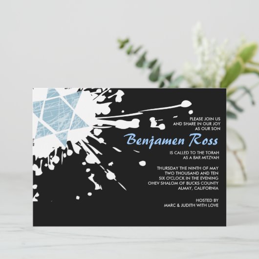Blue Splatter Star Bat Mitzvah Uitnodiging (Staand voorkant)