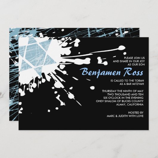 Blue Splatter Star Bat Mitzvah Uitnodiging (Voorkant / Achterkant)