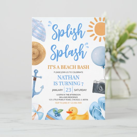 Blue Splish Beach Bash Verjaardag Kaart (Staand voorkant)
