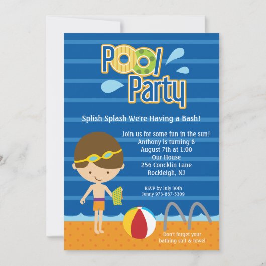 Blue Splish Splash Boys Pool Party Birthday Invite Kaart (Voorkant)