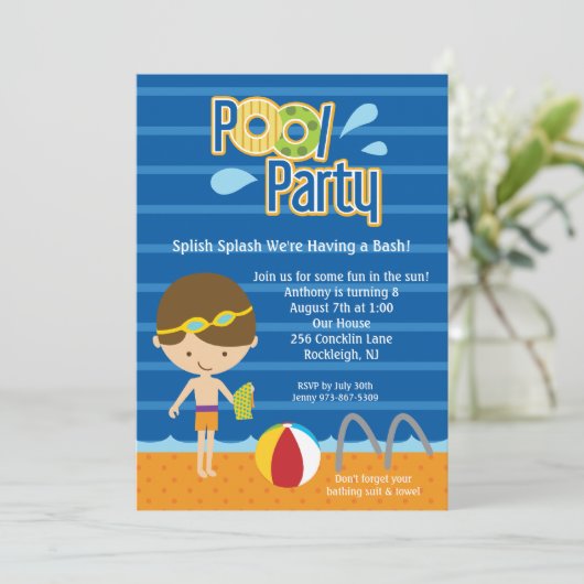 Blue Splish Splash Boys Pool Party Birthday Invite Kaart (Staand voorkant)