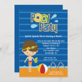 Blue Splish Splash Boys Pool Party Birthday Invite Kaart (Voorkant / Achterkant)