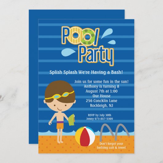 Blue Splish Splash Boys Pool Party Birthday Invite Kaart (Voorkant / Achterkant)