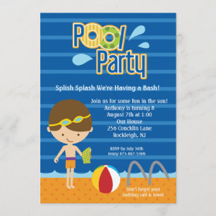 Blue Splish Splash Boys Pool Party Birthday Invite Kaart