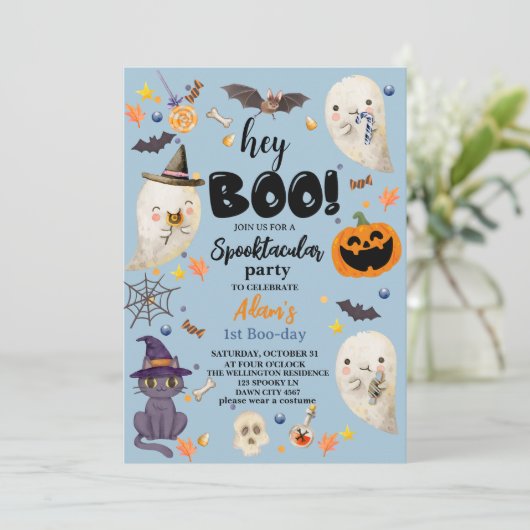 Blue Spooktacular Halloween 1st Boo-day Verjaardag Kaart (Staand voorkant)