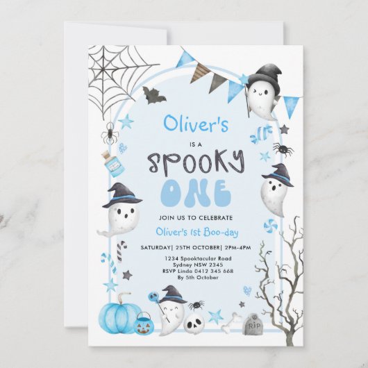 Blue Spooky One Cute Ghost Boy 1st Birthday Kaart (Voorkant)