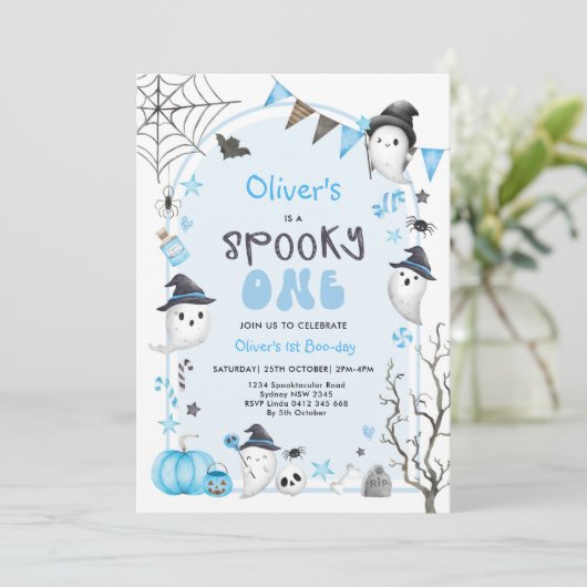 Blue Spooky One Cute Ghost Boy 1st Birthday Kaart (Staand voorkant)