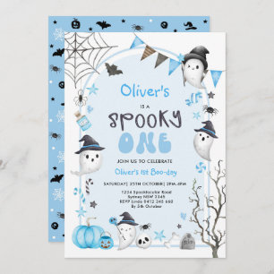 Blue Spooky One Cute Ghost Boy 1st Birthday Kaart