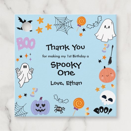 Blue Spooky One Halloween 1st Birthday Favoriet Ta Bedankjes Labels (Voorkant)