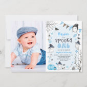 Blue Spooky One Halloween Ghost 1st Birthday Foto Kaart (Voorkant)