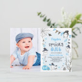 Blue Spooky One Halloween Ghost 1st Birthday Foto Kaart (Staand voorkant)