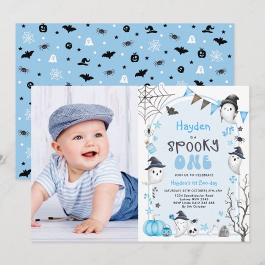 Blue Spooky One Halloween Ghost 1st Birthday Foto Kaart (Voorkant / Achterkant)