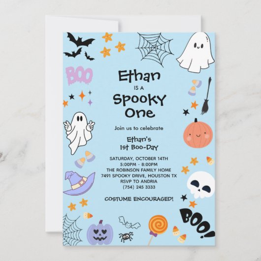 Blue Spooky One Schattige Ghost Halloween 1st Birt Kaart (Voorkant)