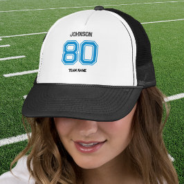 Blue Sports Team Custom Naam, Nummer, Team Zwart Trucker Pet