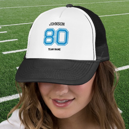 Blue Sports Team Custom Naam, Nummer, Team Zwart Trucker Pet
