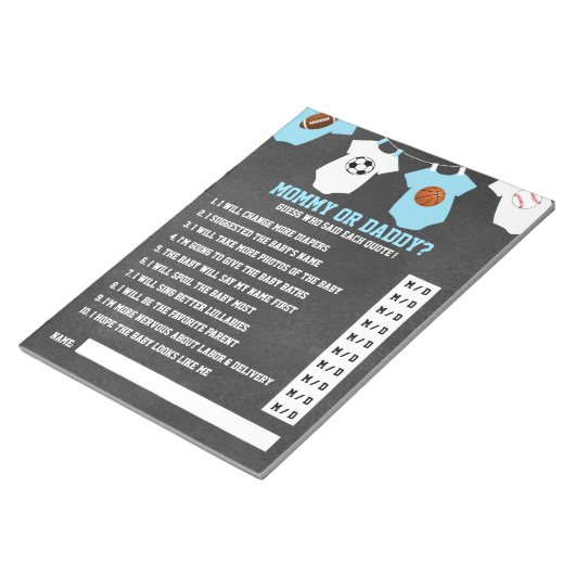 Blue SPORTS THEMA krijtbord baby shower SPEL Notitieblok (Schuin)