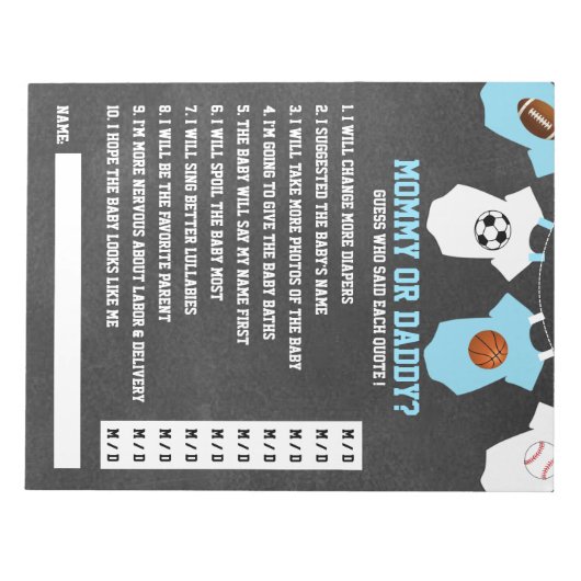 Blue SPORTS THEMA krijtbord baby shower SPEL Notitieblok (Voorkant)