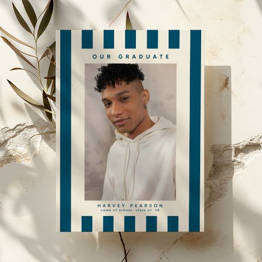 Blue Sporty Stripes 2 Photo Graduation Aankondiging