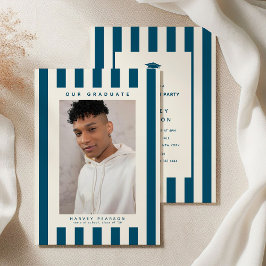 Blue Sporty Stripes 2 Photo Graduation Party Kaart