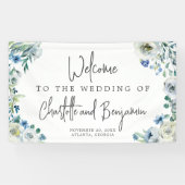 Blue Spring Waterverf Floral Chic Wedding Welcome Spandoek (Horizontaal)