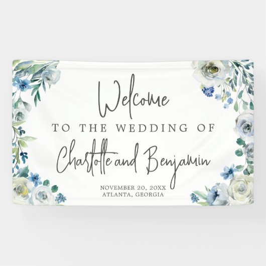 Blue Spring Waterverf Floral Chic Wedding Welcome Spandoek (Horizontaal)