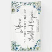Blue Spring Waterverf Floral Chic Wedding Welcome Spandoek (Verticaal)