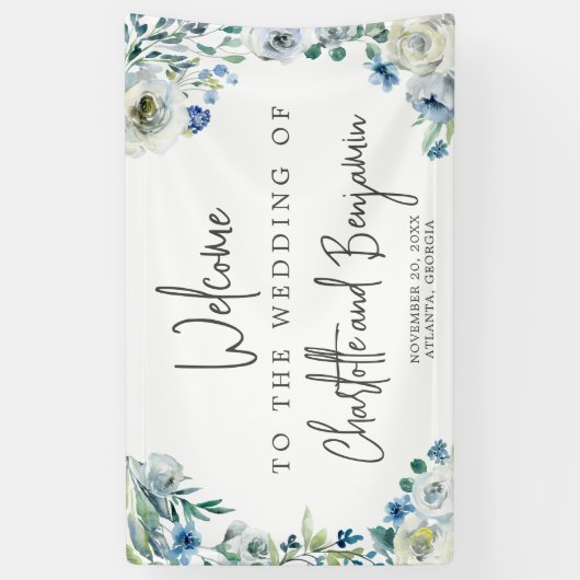Blue Spring Waterverf Floral Chic Wedding Welcome Spandoek (Verticaal)