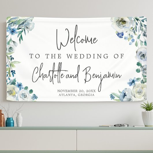 Blue Spring Waterverf Floral Chic Wedding Welcome Spandoek