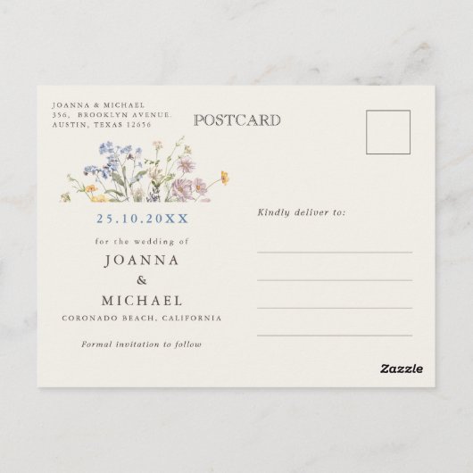 Blue Spring Wildflower Meadow Save the Date Briefkaart (Achterkant)