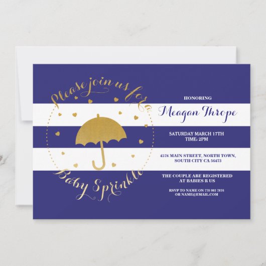 Blue Sprinkle Navy Blue Shower Gold Baby Invite Kaart (Voorkant)