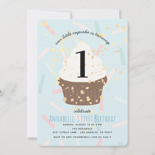 Blue Sprinkles Cupcake Verjaardag Uitnodiging (Voorkant)
