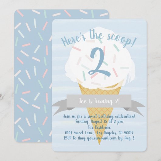 Blue Sprinkles Ice Cream Birthday Invitation Kaart (Voorkant / Achterkant)