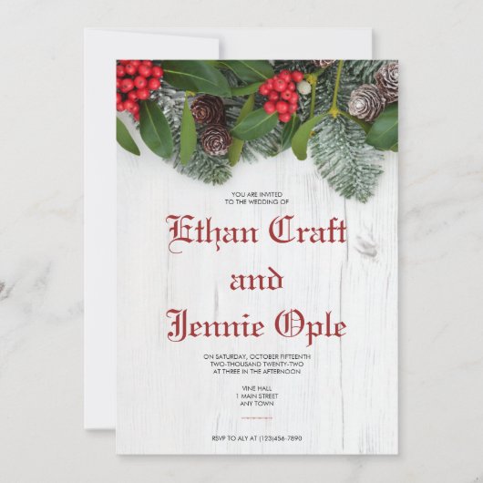 Blue Spruce and Winter Holly Wedding Invitation Kaart (Voorkant)