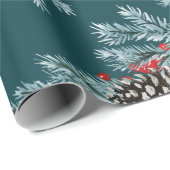 Blue Spruce Cones Red Ilex Berries Garland Blauwgr Cadeaupapier (Rol Hoek)