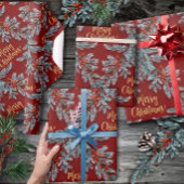 Blue Spruce Red Berries Goud Vrolijk Kerstfeest Cadeaupapier