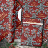 Blue Spruce Red Berries Goud Vrolijk Kerstfeest Cadeaupapier