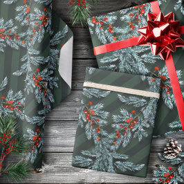 Blue Spruce Red Berries Lattice Forest Green Cadeaupapier