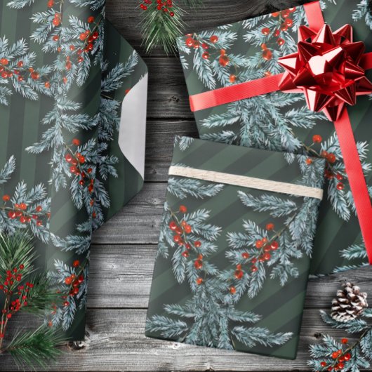 Blue Spruce Red Berries Lattice Forest Green Cadeaupapier