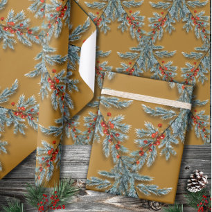 Blue Spruce Red Berries Lattice Gold Cadeaupapier