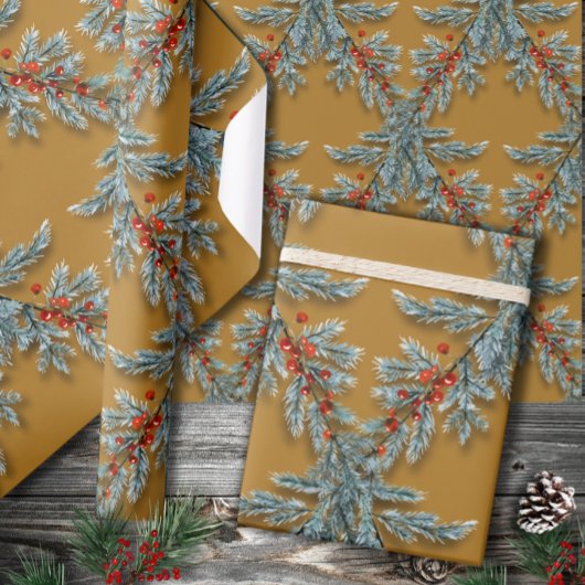 Blue Spruce Red Berries Lattice Gold Cadeaupapier