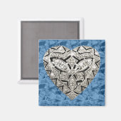 Blue Square Elegant Designer Diamond Heart Magnet (Voorkant / Achterkant)