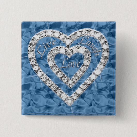 Blue Square Live Laugh Love Diamond Heart Button (Voorkant)