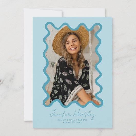 Blue Squiggly Foto Lijst Afstuderen Aankondiging (Voorkant)