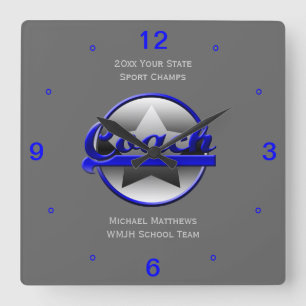 Blue Star Coach Name and School Square Clock Vierkante Klok